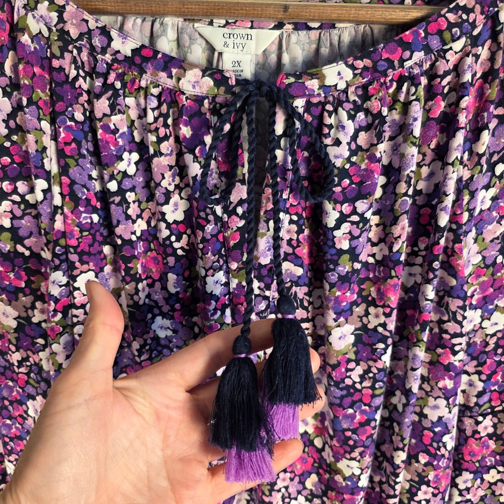 Crown & Ivy Peasant Top Women 2X Purple Floral Long Sleeve Tassel Boho Blouse - Picture 3 of 11